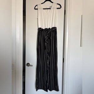 White Top with Black Striped Pants Jumpsuit